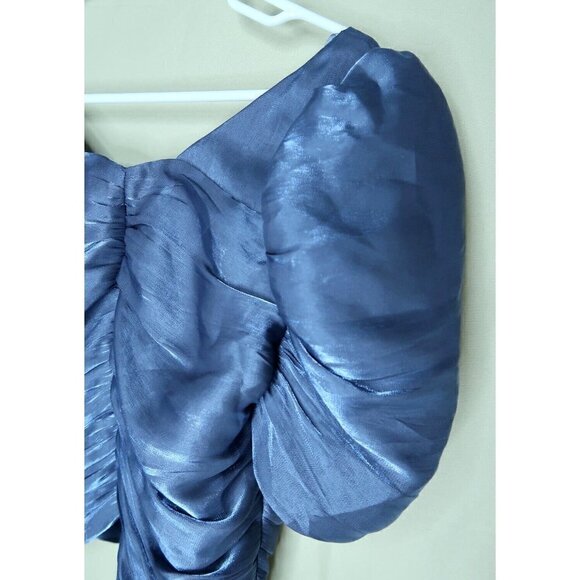 DO+BE Iridescent Blue Top Balloon Sleeves Cropped Blouse Women's Medium EUC - Picture 8 of 12